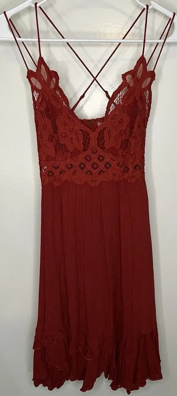 Free People Adella Red Lace Slip Mini Dress Size Small